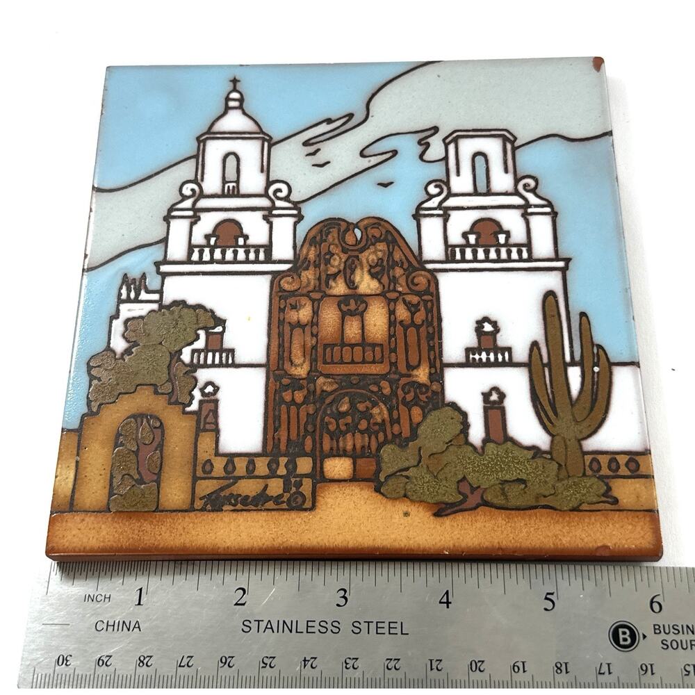 Teissedre Designs San Xavier Mission Tucson Arizona 6” Ceramic Art Tile Trivet - Picture 5 of 7